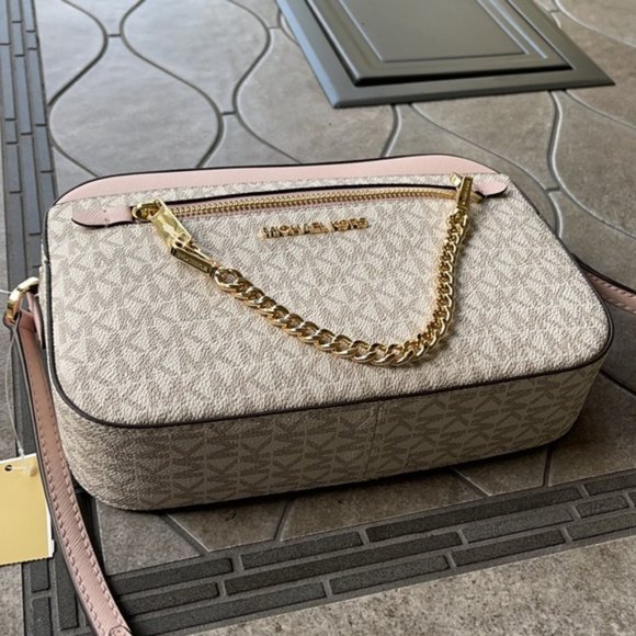 Michael Kors Jet Set Item Large East West Zip Chain Crossbody Powder Blush Multi - Picture 3 of 16